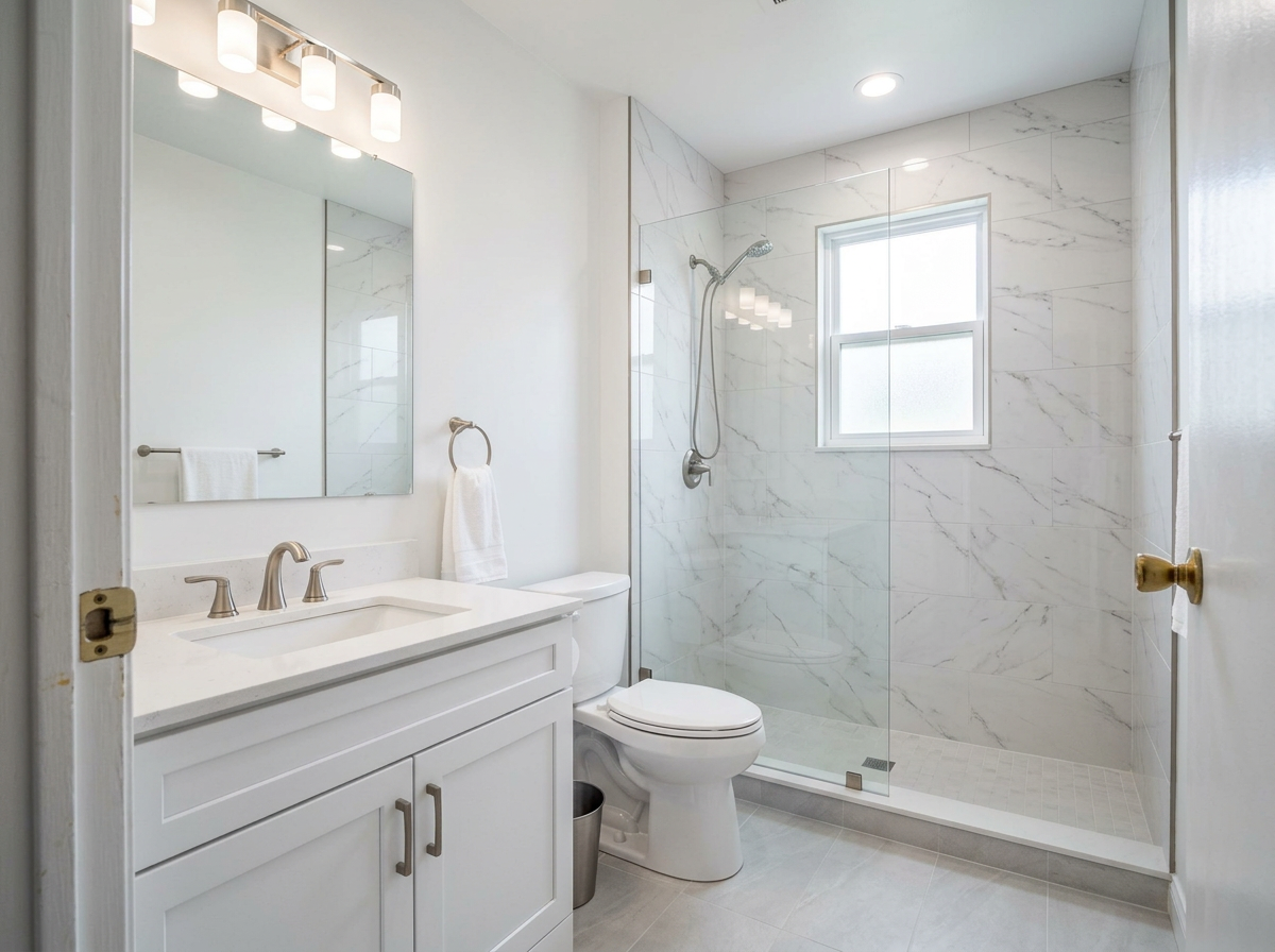 Modern renovated bathroom with walk-in shower